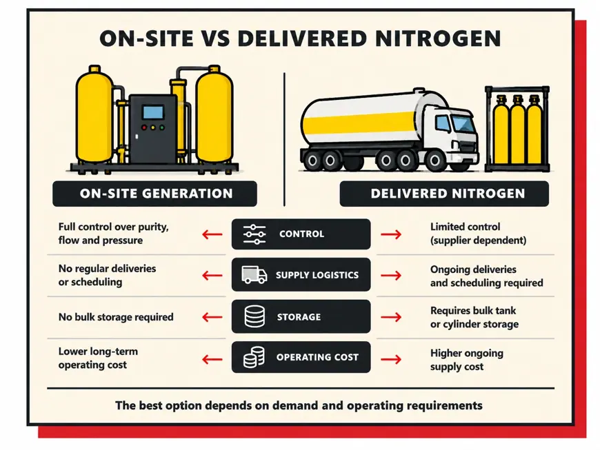 On-Site Nitrogen Generators vs Liquid Nitrogen & Cylinders — technical illustration